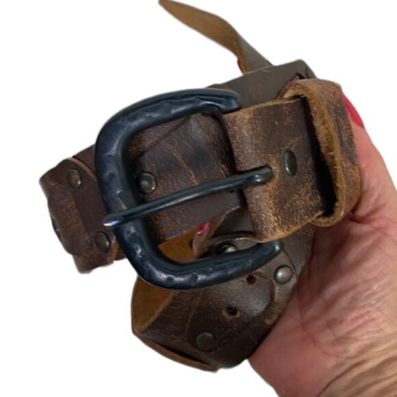 Red Other - Red Mens Brown Leather Studded Adjustable with Buckle Western Belt Brown XXL